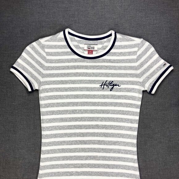 Tommy Hilfiger Embroidered Mini Dress XXS Gray White Striped 90s Y2k Vtg Comfy - Picture 3 of 14